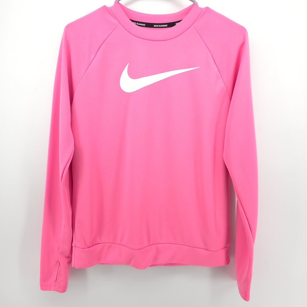Nike Womens Running Top Dri-FIT XS Pink Long Sleeve Thumbhole Swoosh Activewear